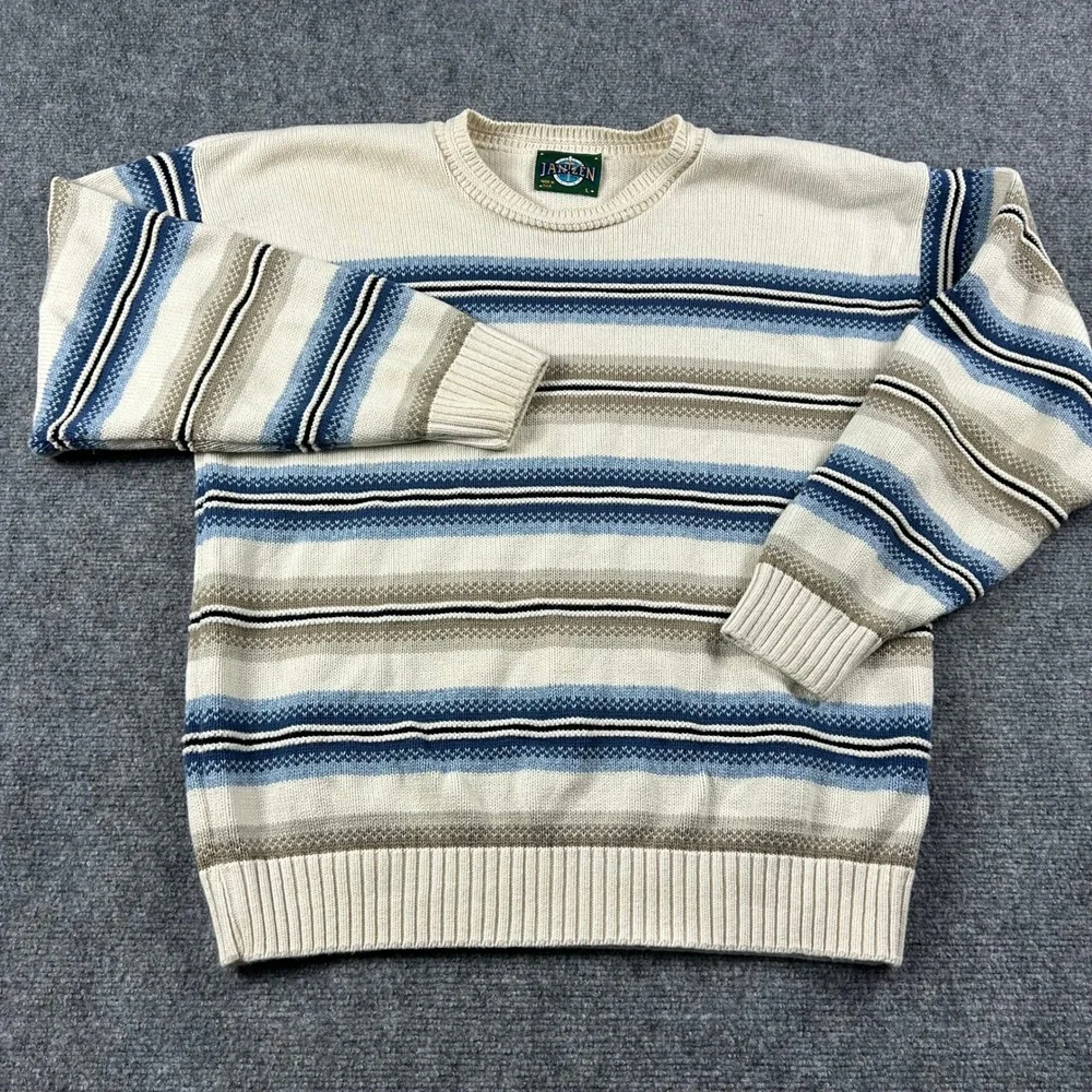 Jantzen Sweater Mens Large Grandpacore Striped Crewneck Knit Made in USA Vintage